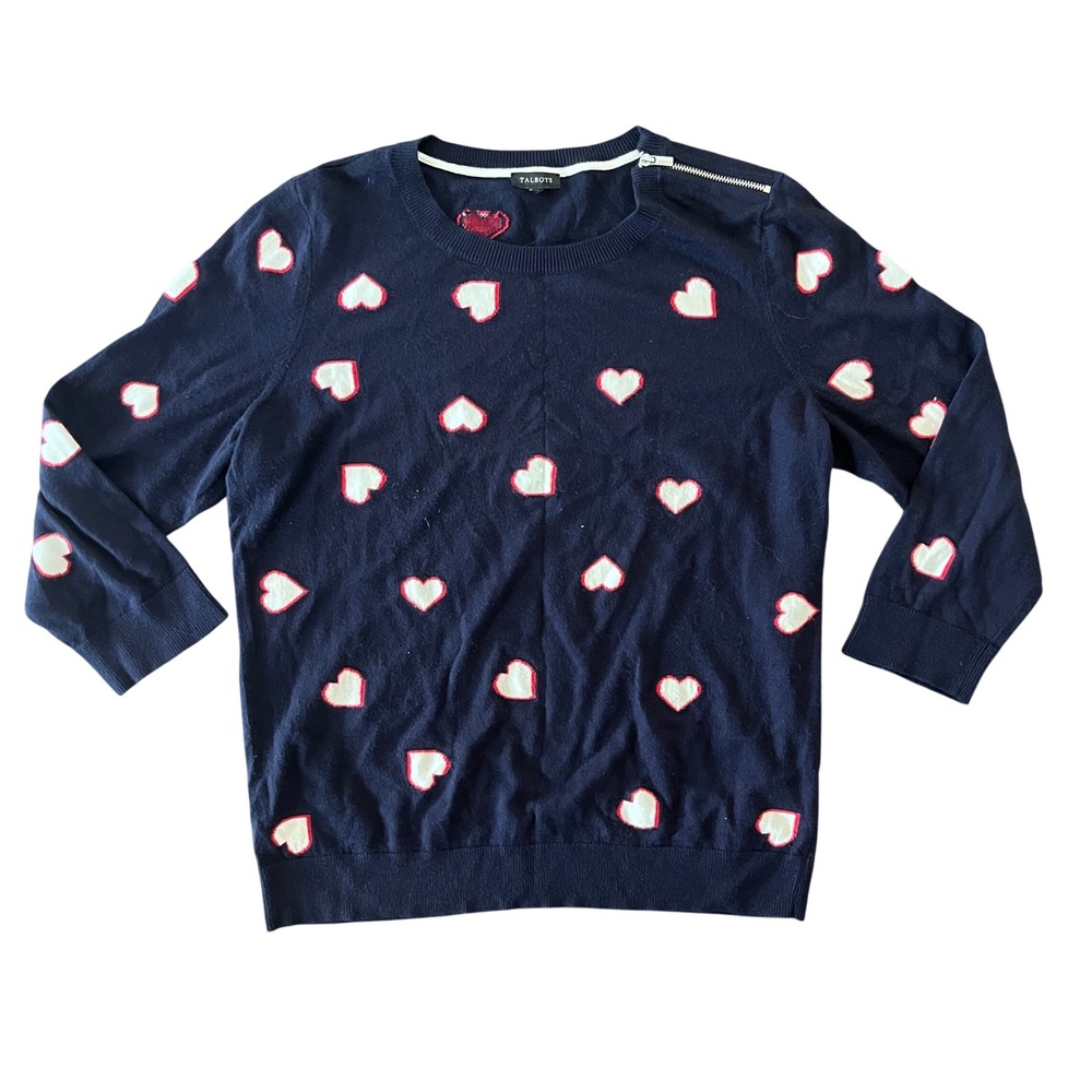 Talbots Navy Blue Heart Print Sweater Shoulder Zipper Crewneck 3/4 Sleeve XL